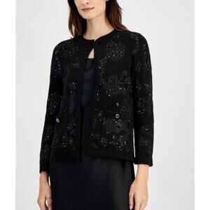 Anne Klein Women's Open-Front Patch-Pocket Sequin Cardigan Black Size M